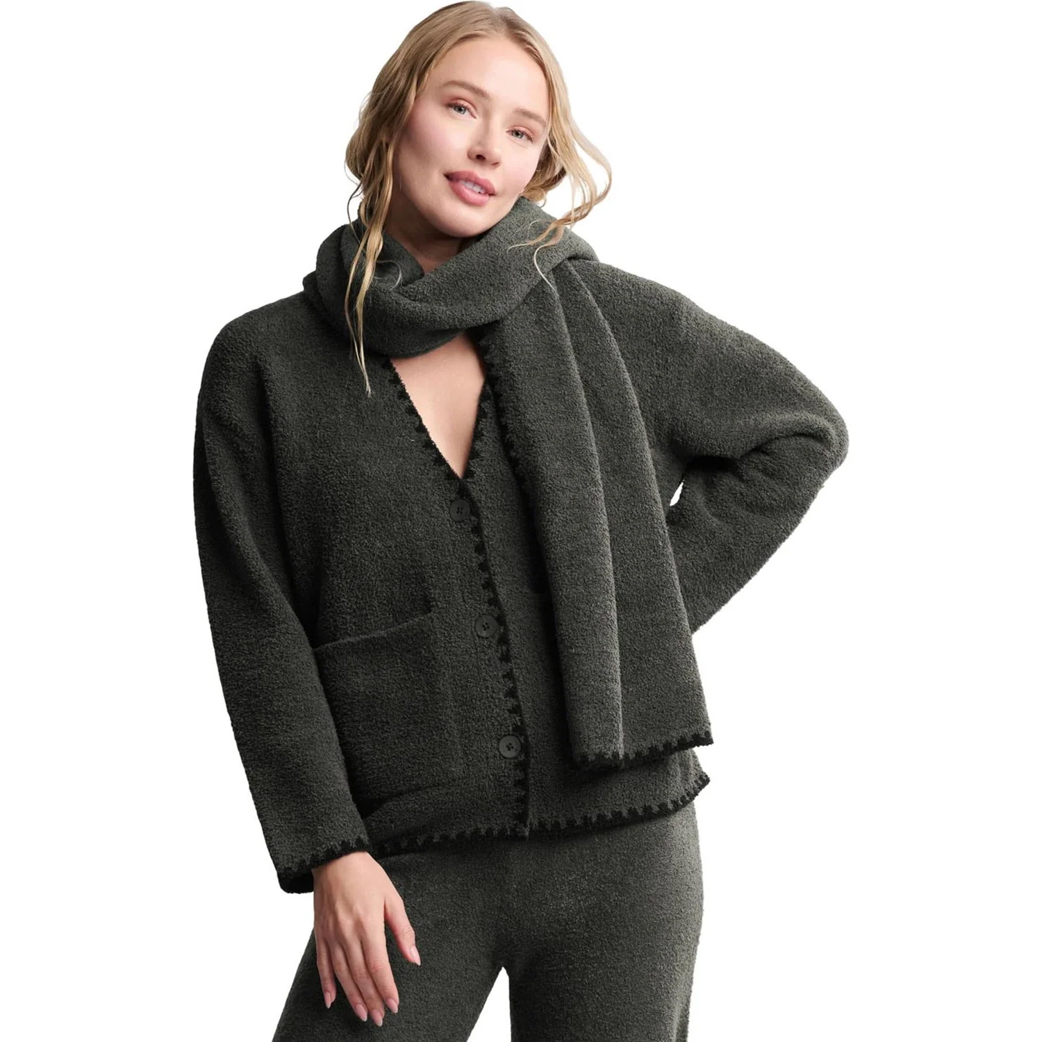 Barefoot Dreams - Womens CozyChic Blanket Stitch Cardigan With Detachable Scarf - Image 2