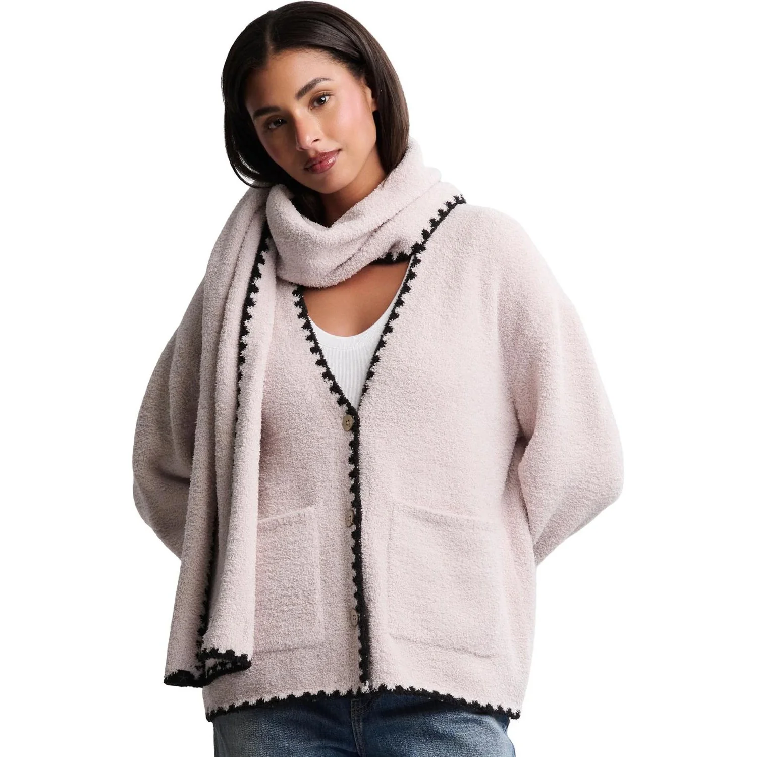 Barefoot Dreams - Womens CozyChic Blanket Stitch Cardigan With Detachable Scarf - Image 3