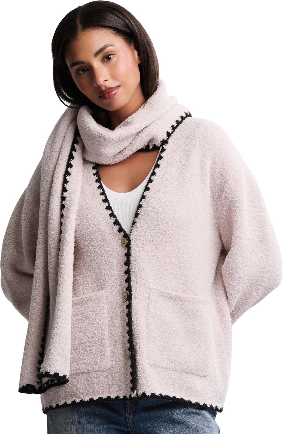 Barefoot Dreams - Womens CozyChic Blanket Stitch Cardigan With Detachable Scarf - Image 6
