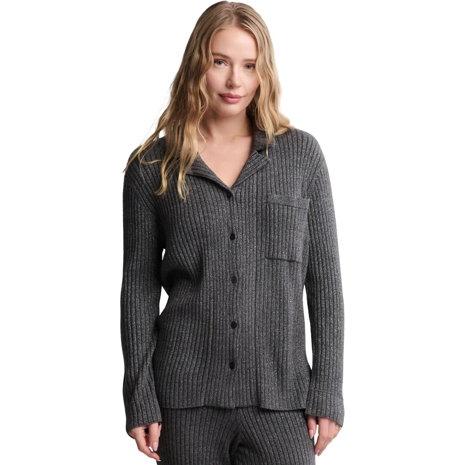 Barefoot Dreams - Womens CozyChic Ultra Lite Lurex Rib Button Front Shirt