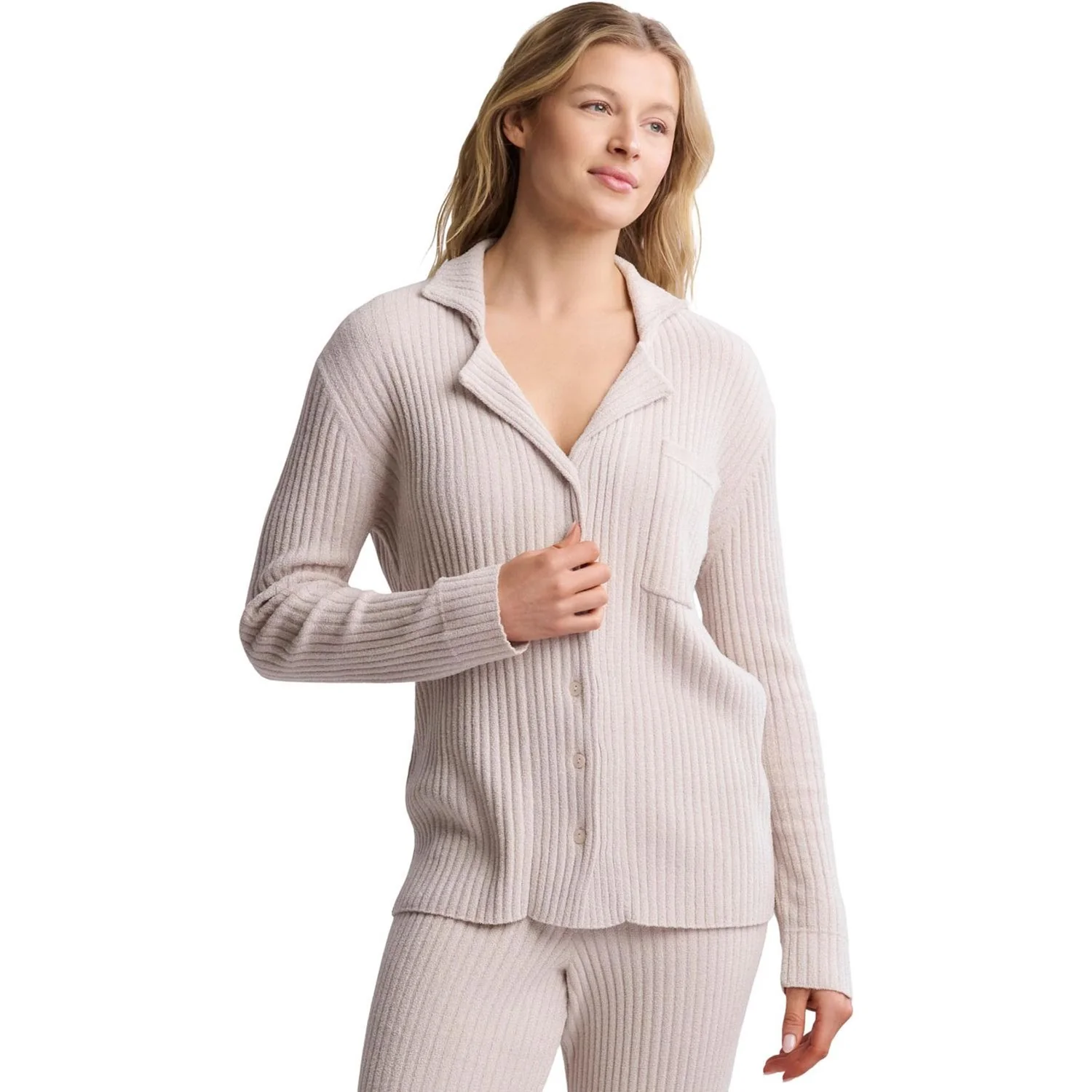 Barefoot Dreams - Womens CozyChic Ultra Lite Lurex Rib Button Front Shirt - Image 2