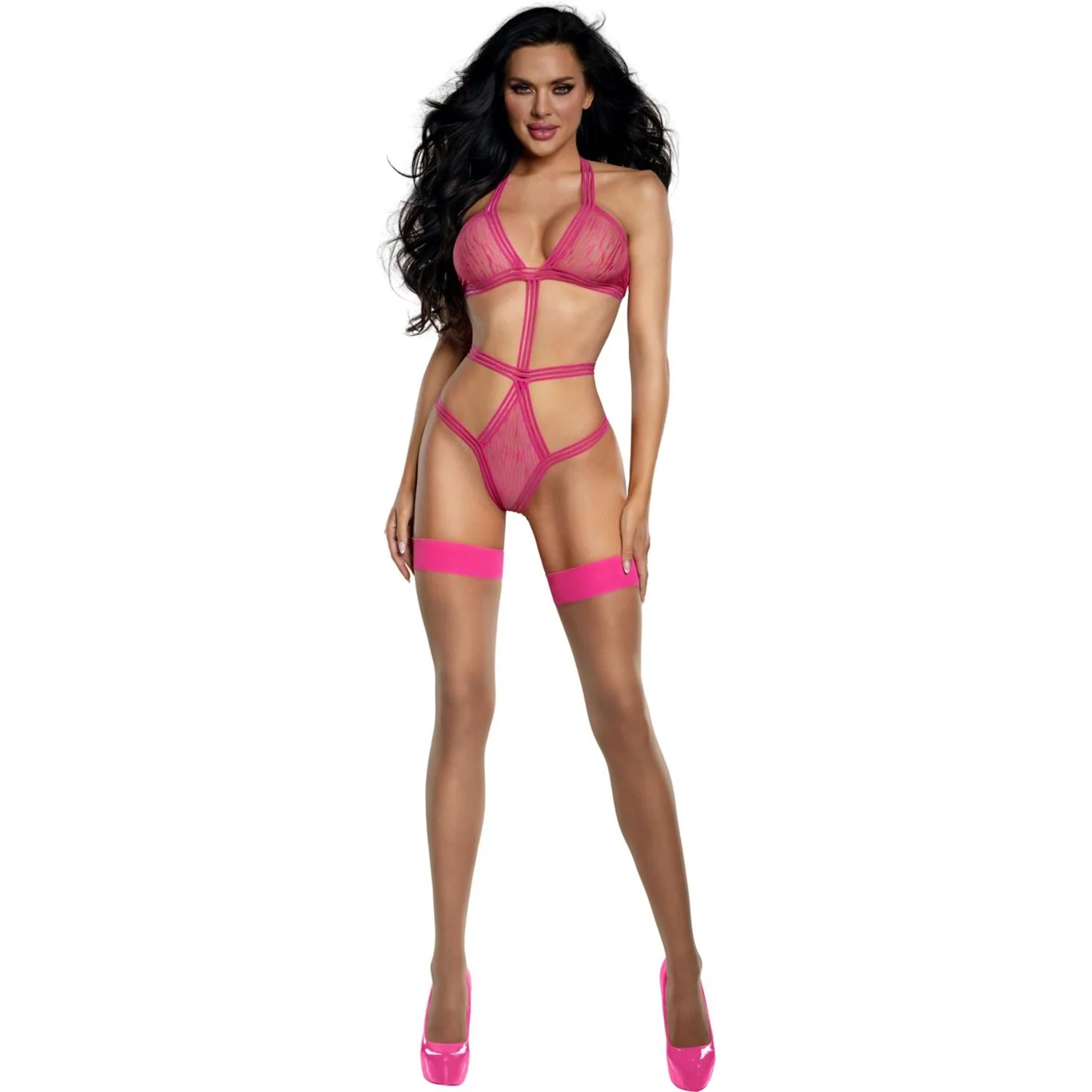 Dreamgirl - Womens Red Diamond Neon Pink Tiger Mesh Playsuit