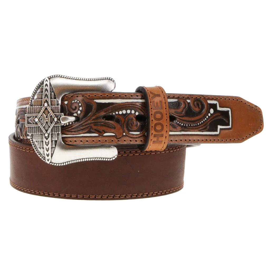 Hooey - Mens Maverick 1.5 Distressed Leather Belt With Aztec Filigree Embossed Natural Billets And Accents