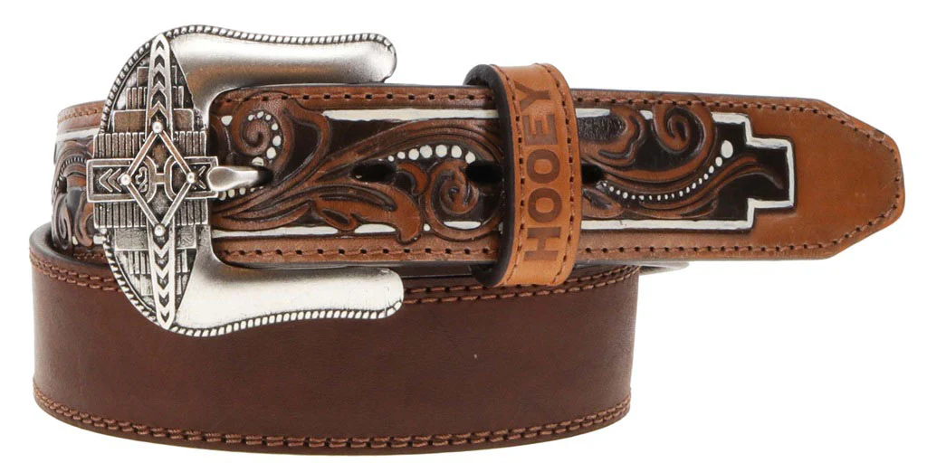 Hooey - Mens Maverick 1.5 Distressed Leather Belt With Aztec Filigree Embossed Natural Billets And Accents - Image 2