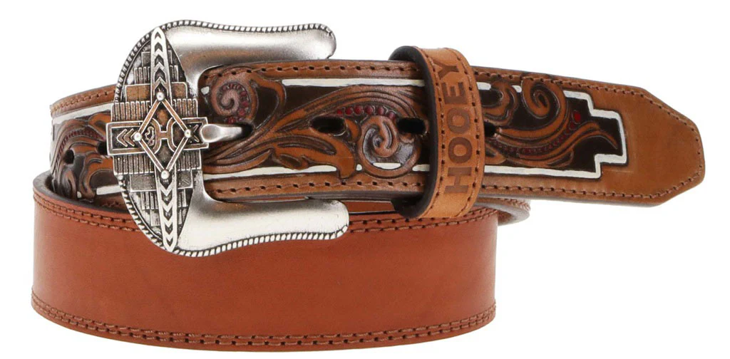 Hooey - Mens Maverick 1.5 Distressed Leather Belt With Aztec Filigree Embossed Natural Billets With & Accents - Image 2