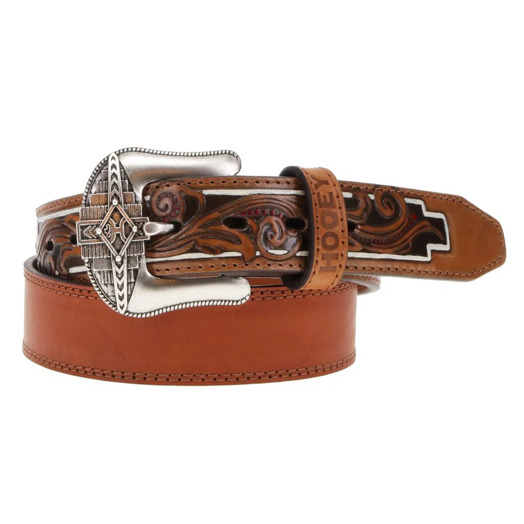 Hooey - Mens Maverick 1.5 Distressed Leather Belt With Aztec Filigree Embossed Natural Billets With & Accents - Image 3