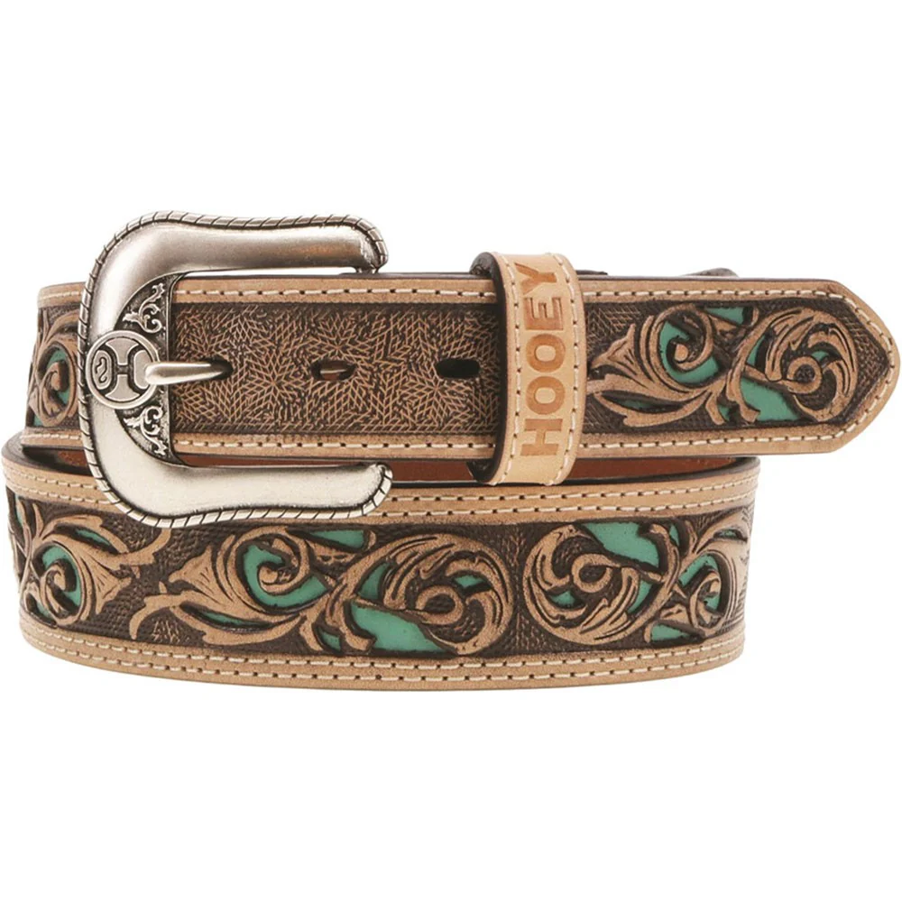 Hooey - Mens Top Notch 1.75-1.5 Tapered Natural Hand-Tooled Leather Filigree Cutout Belt With Inlay