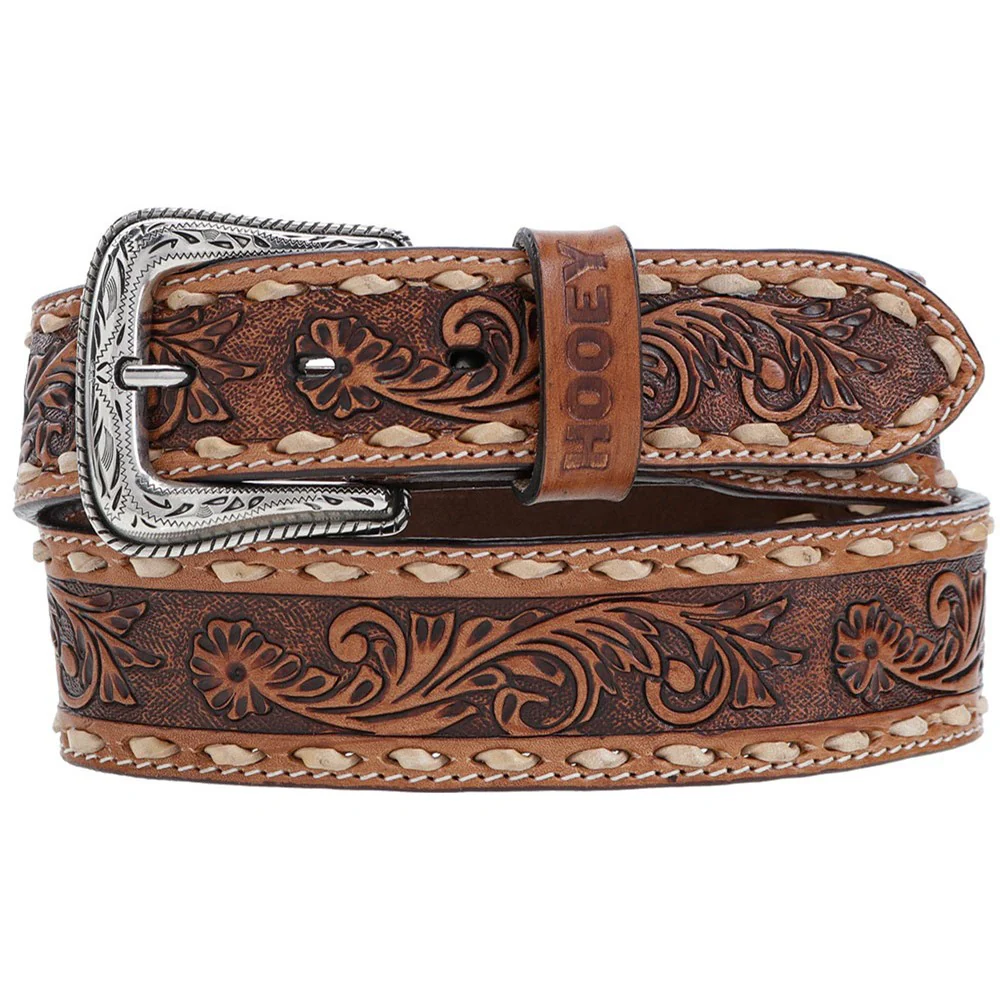 Hooey - Mens Tuff 1.75-1.5 Tapered Hand Tooled Floral Filigree Leather Belt With Buckstitched Edge - Image 2