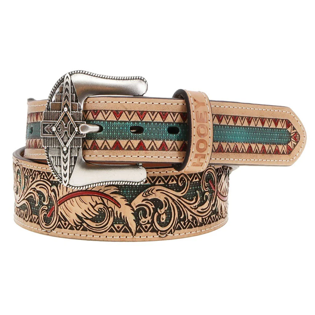 Hooey - Mens War Paint 1.75-1.5 Tapered Natural Leather Feather & Filigree Embossed Belt With & Accents