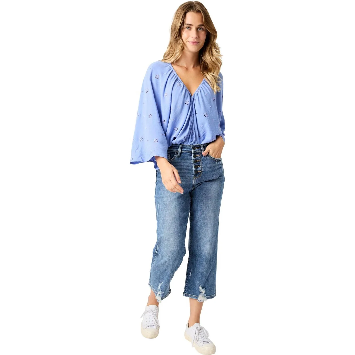 Judy Blue - Womens High Waist Button Fly Wide Leg Crop with Destroy - Image 2