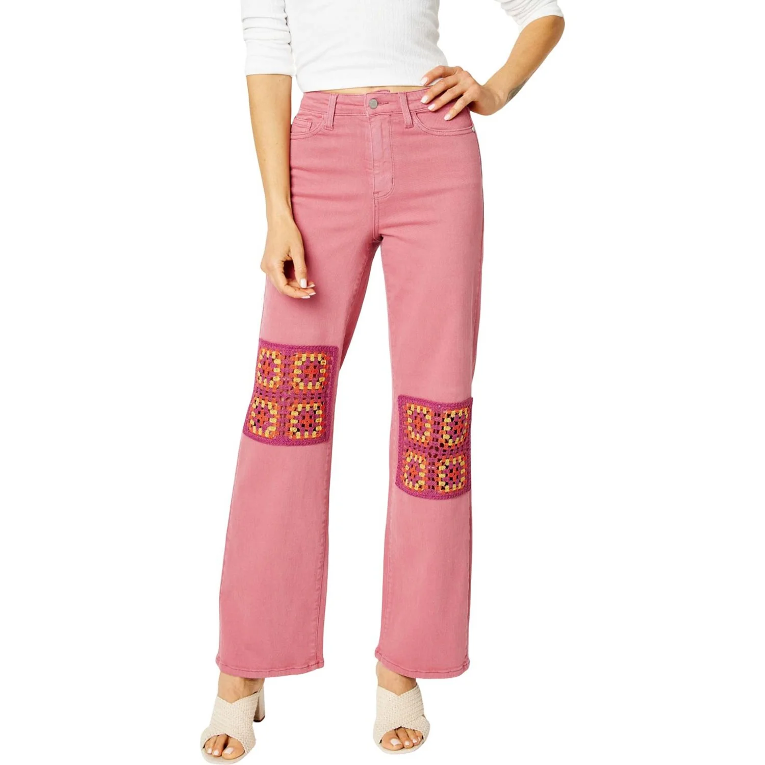 Judy Blue - Womens High Waist Dusty Pink Garment Dyed Crochet Patch Wide Leg - Image 2