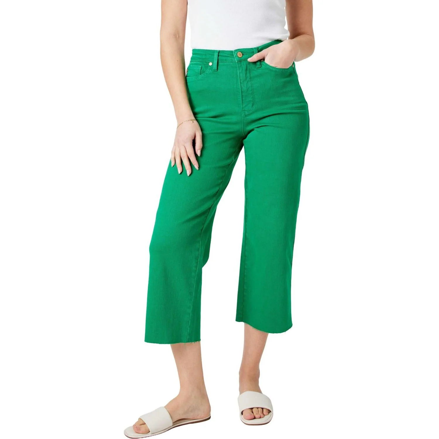 Judy Blue - Womens High Waist Kelly Green Garment Dyed Tummy Control Crop Wide Leg - Image 2
