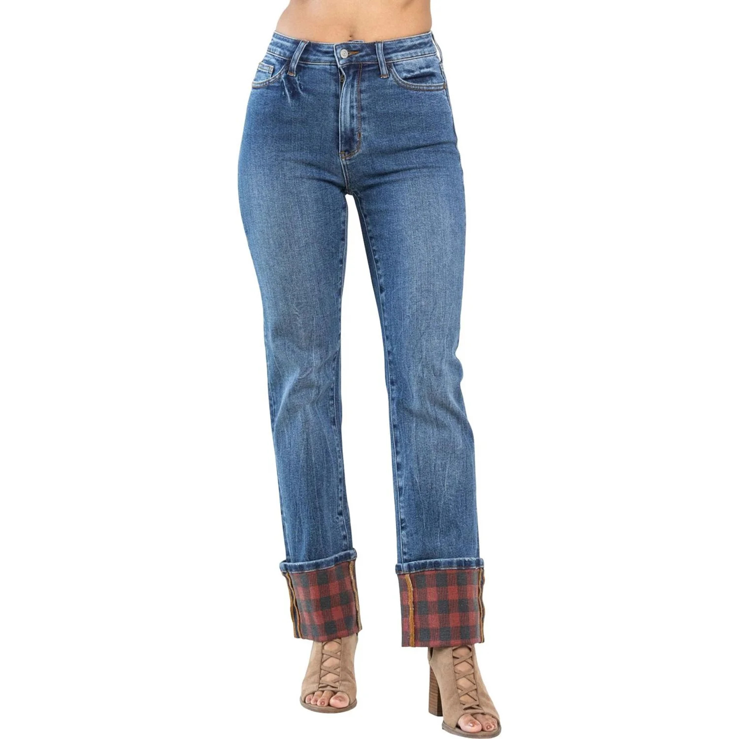 Judy Blue - Womens High Waist Plaid Print Cuff Straight - Image 2