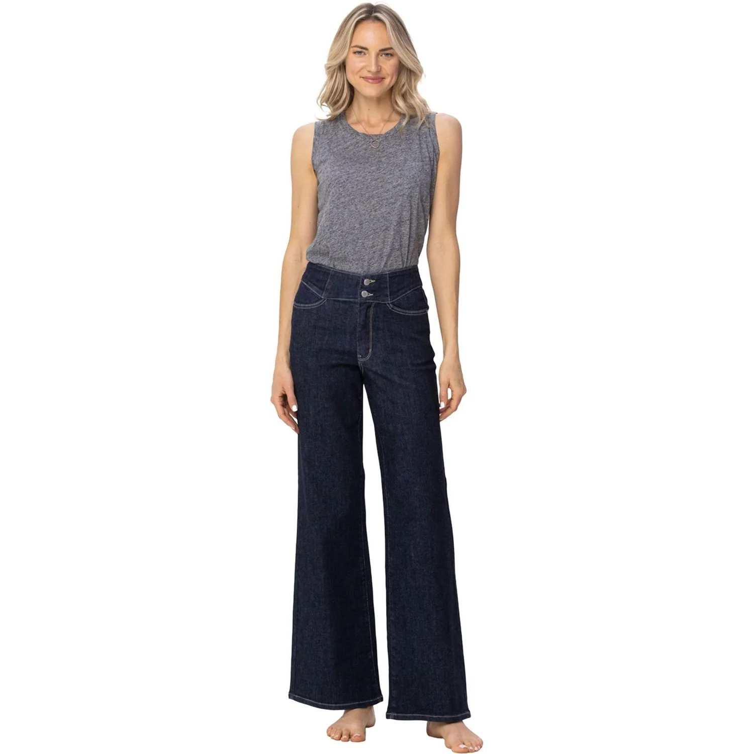 Judy Blue - Womens High Waist Rinse Wash Geometric Waistband and Pocket Embroidery Wide Leg