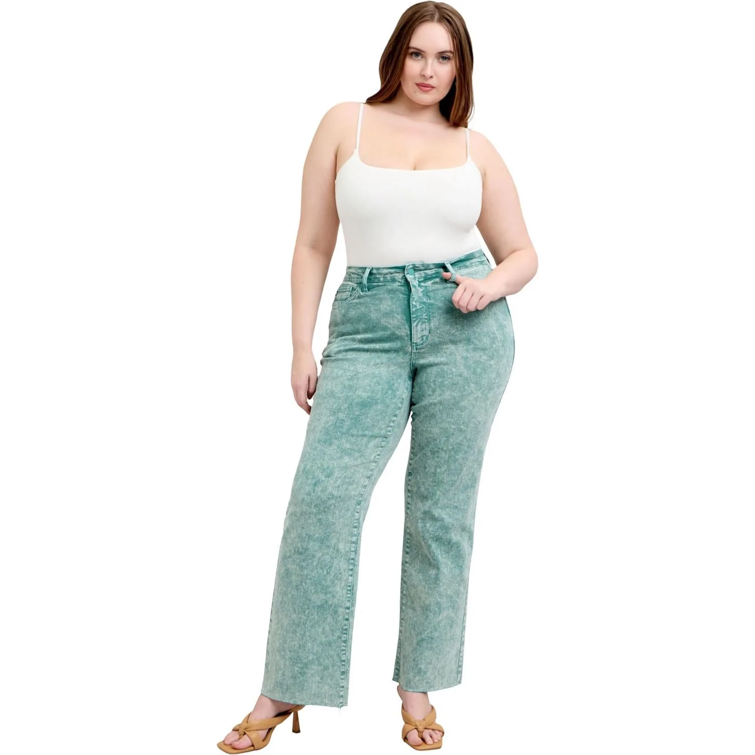 Judy Blue - Womens High Waist Sea Green Garment Dyed Raw Hem Dad Jean