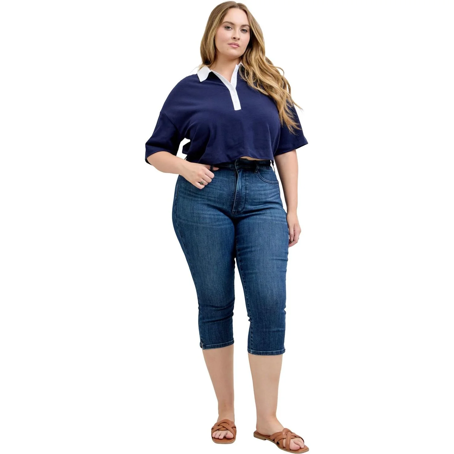 Judy Blue - Womens High Waist Tummy Control Capri with Shield Back Pockets