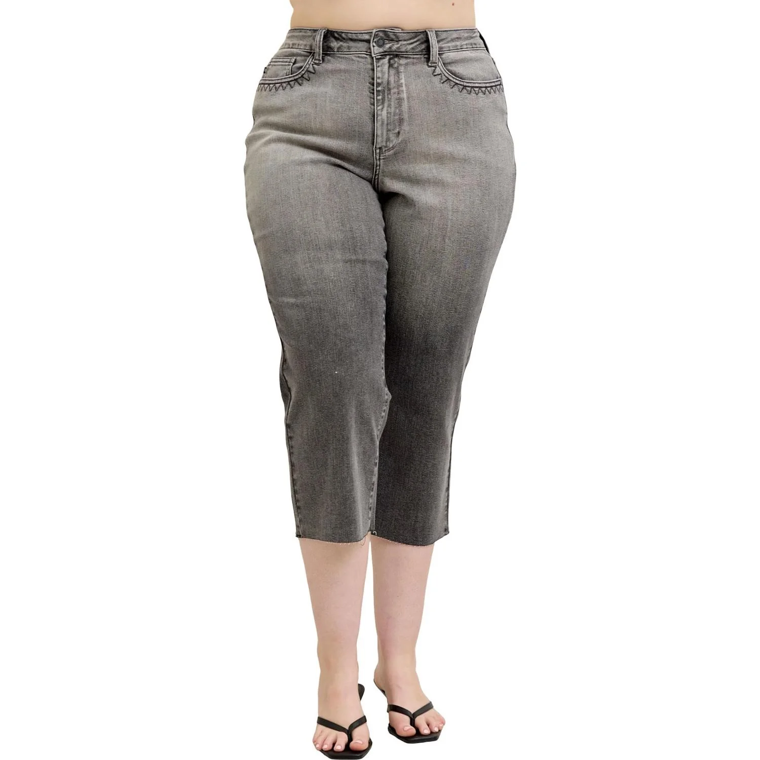 Judy Blue - Womens High Waist Vintage Grey Wash and Front Pocket Embroidery Crop Wide Leg - Image 2