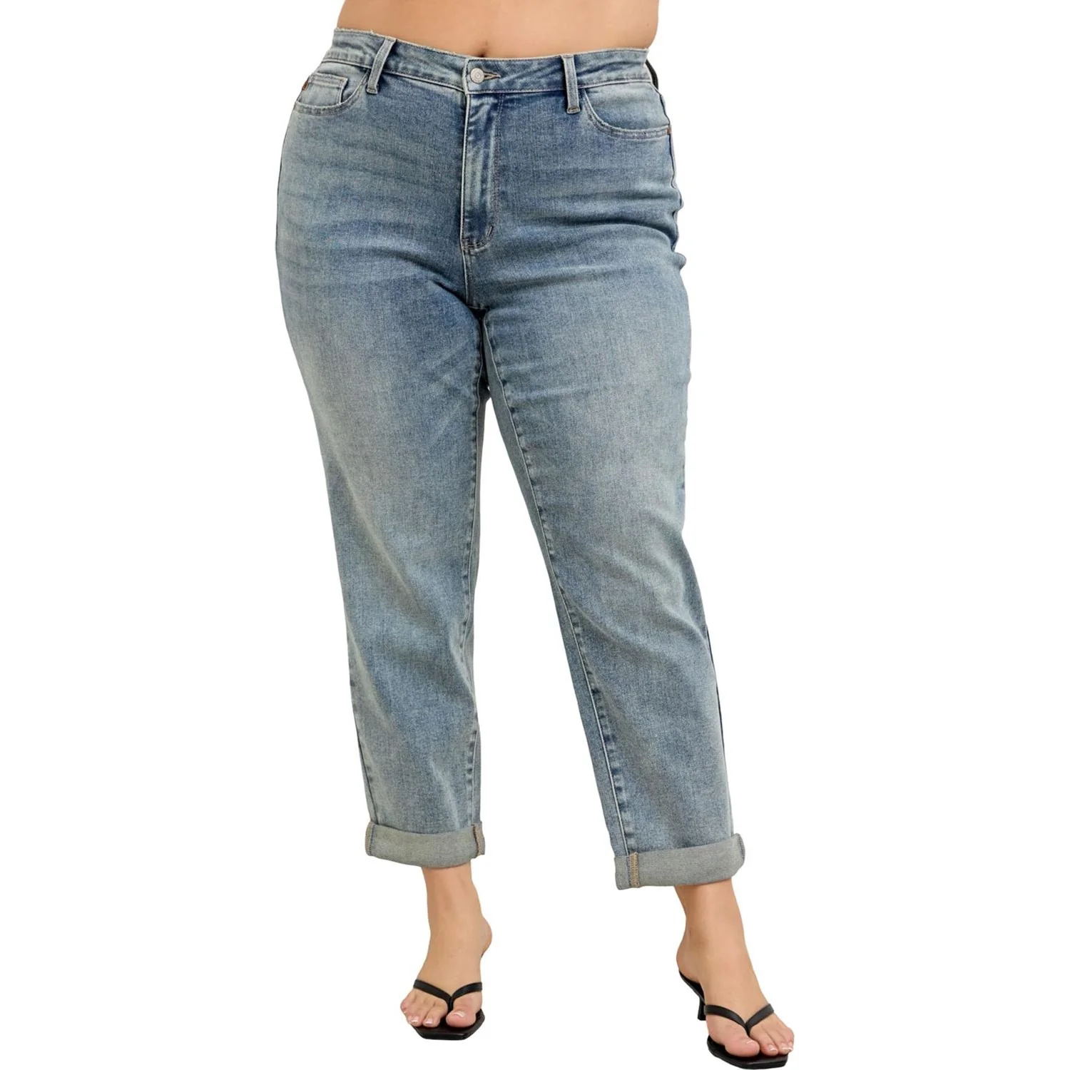 Judy Blue - Womens High Waist Vintage Wash Double Roll Cuff Boyfriend - Image 2