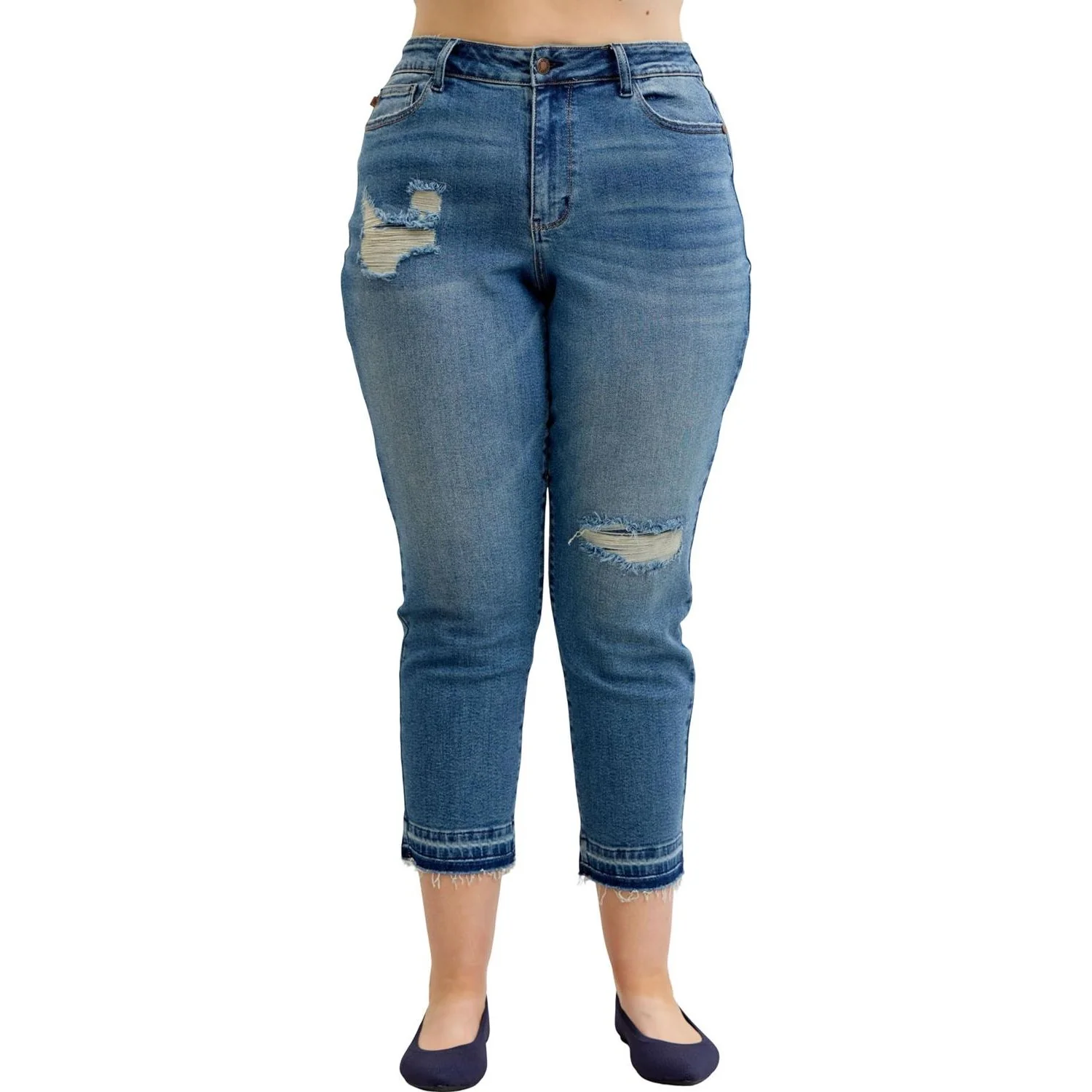 Judy Blue - Womens Mid Rise Boyfriend Patch and Repair Destroy Release Hem