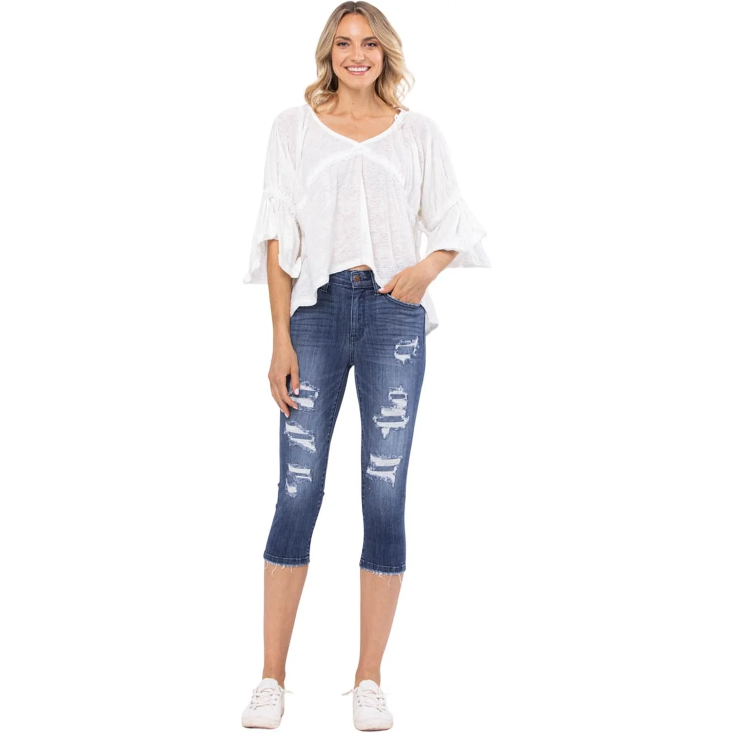Judy Blue - Womens Mid Rise Contrast Patch Skinny Capri