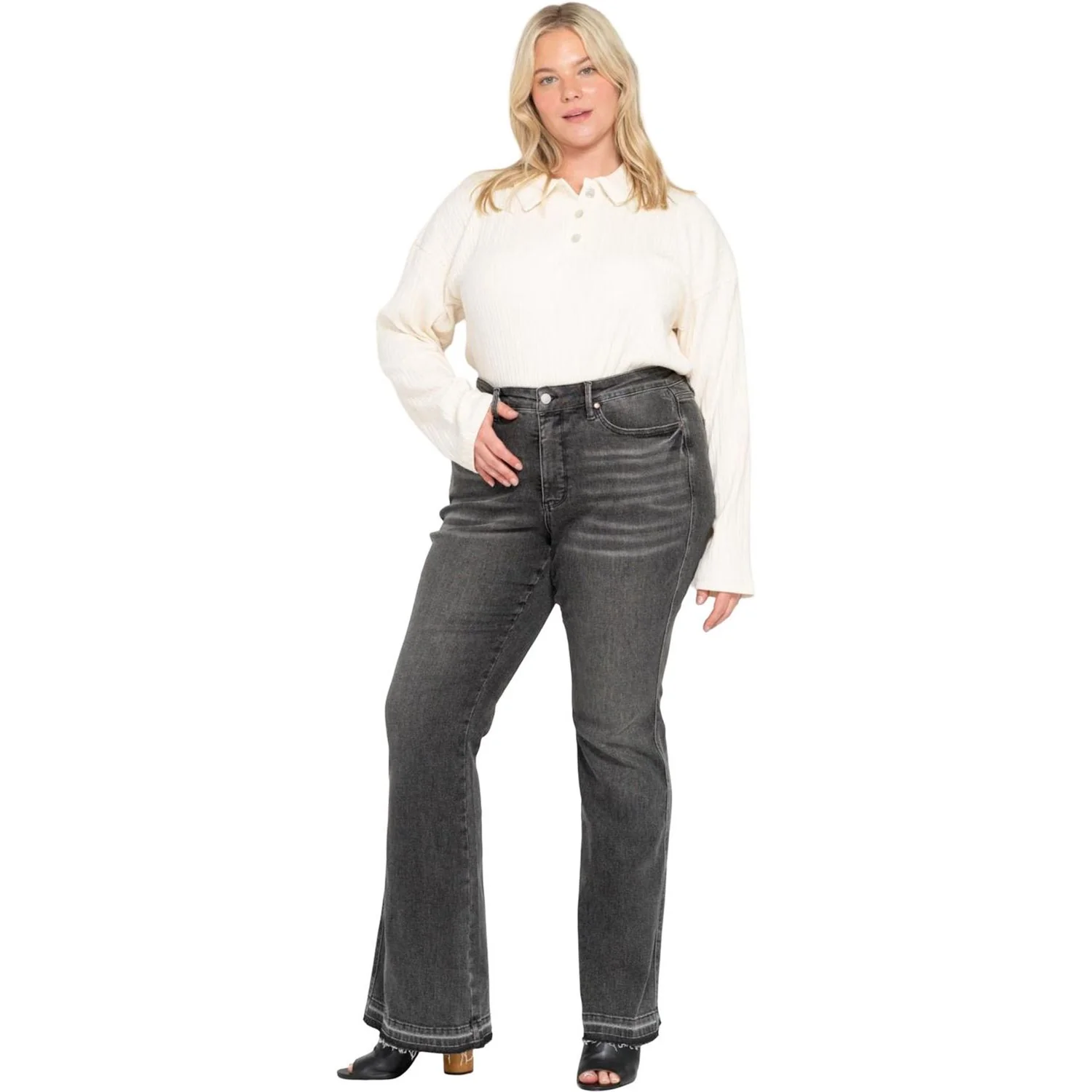 Judy Blue - Womens Mid Rise Tummy Control Washed Grey Release Hem Flare - Image 2