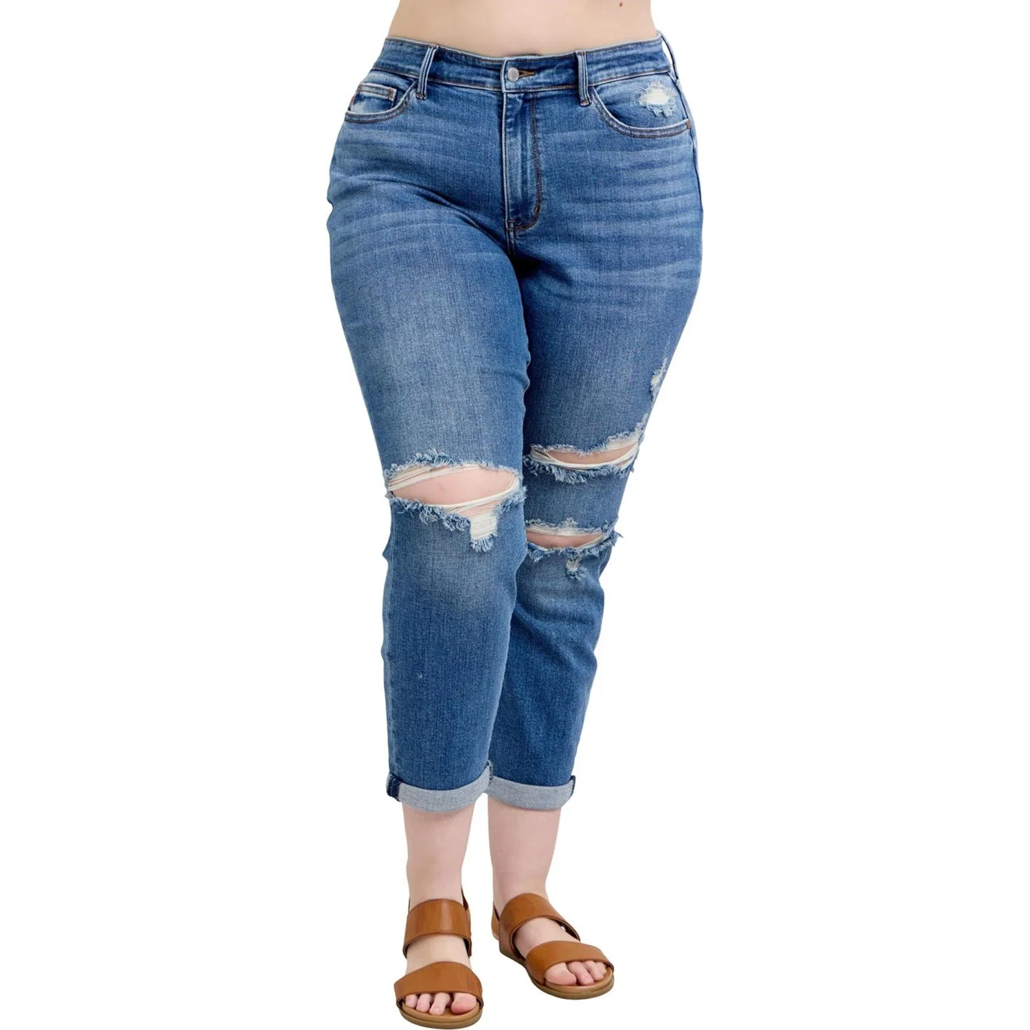 Judy Blue - Womens Mid Rise Vintage Wash Boyfriend Fit with Destroy