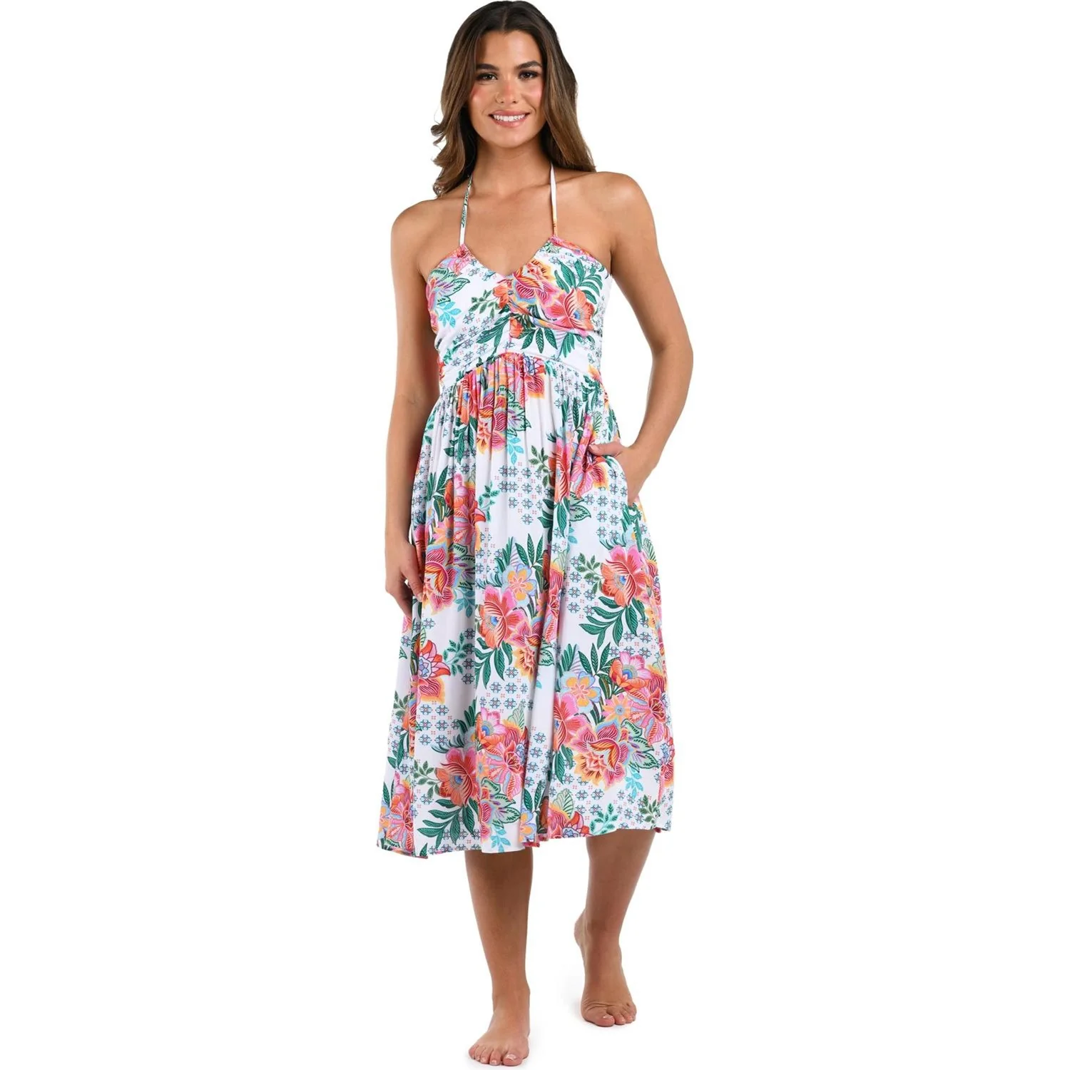 La Blanca - Womens Riviera V-Halter Mid Calf Swim Cover-Up Dress