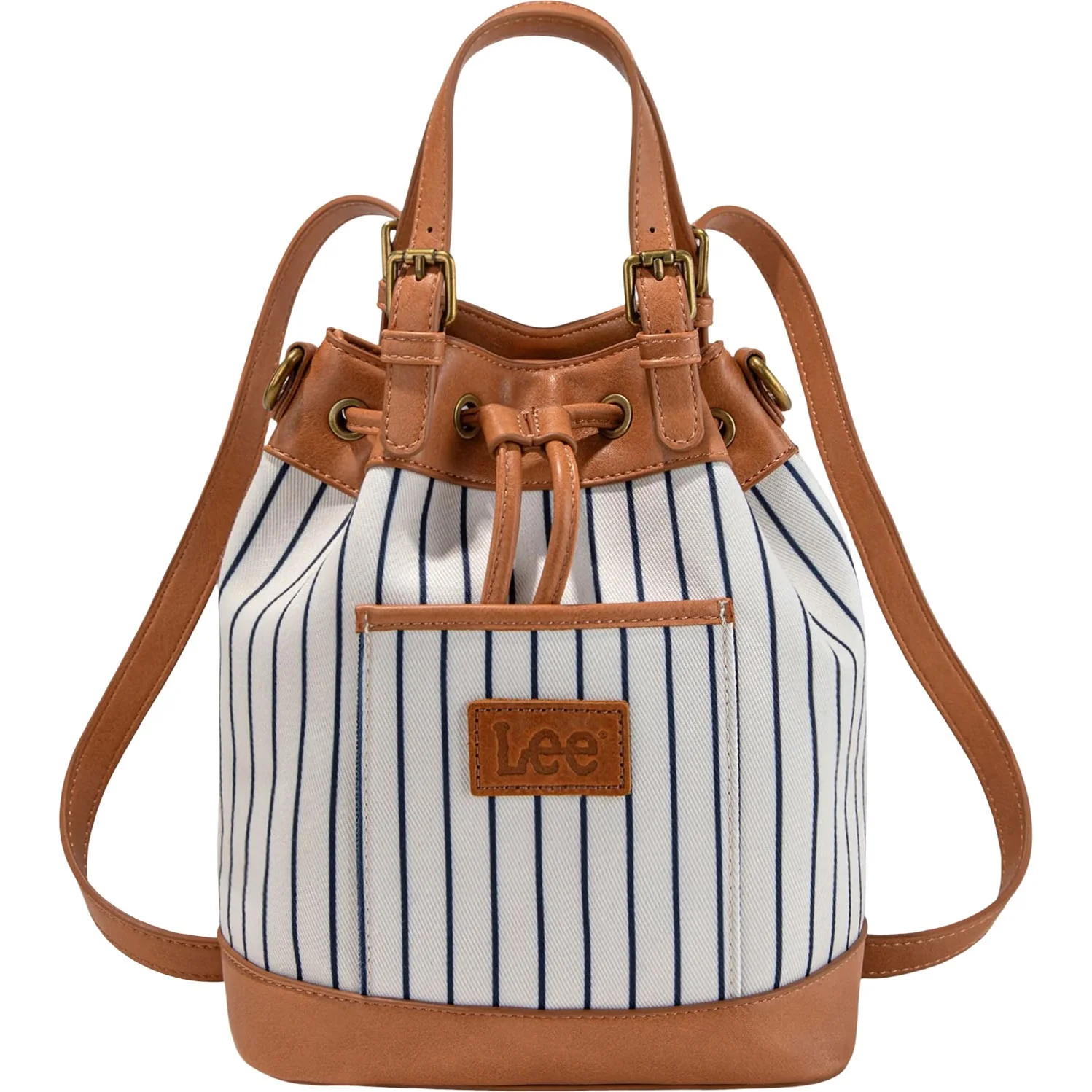 Lee - Womens Striped Denim Canvas Drawstring Bucket Bag/Crossbody Bag Convertible Backpack
