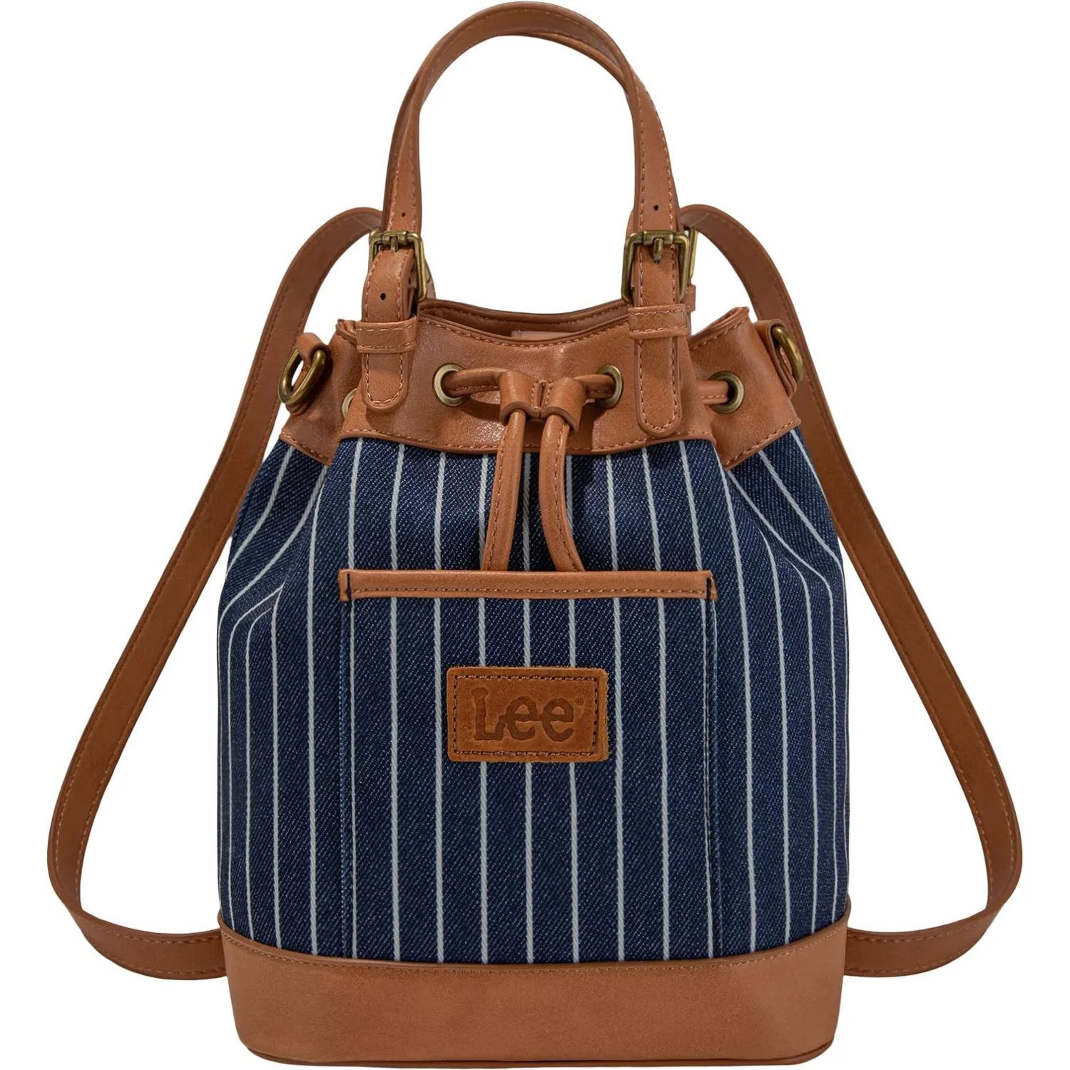 Lee - Womens Striped Denim Canvas Drawstring Bucket Bag/Crossbody Bag Convertible Backpack - Image 4