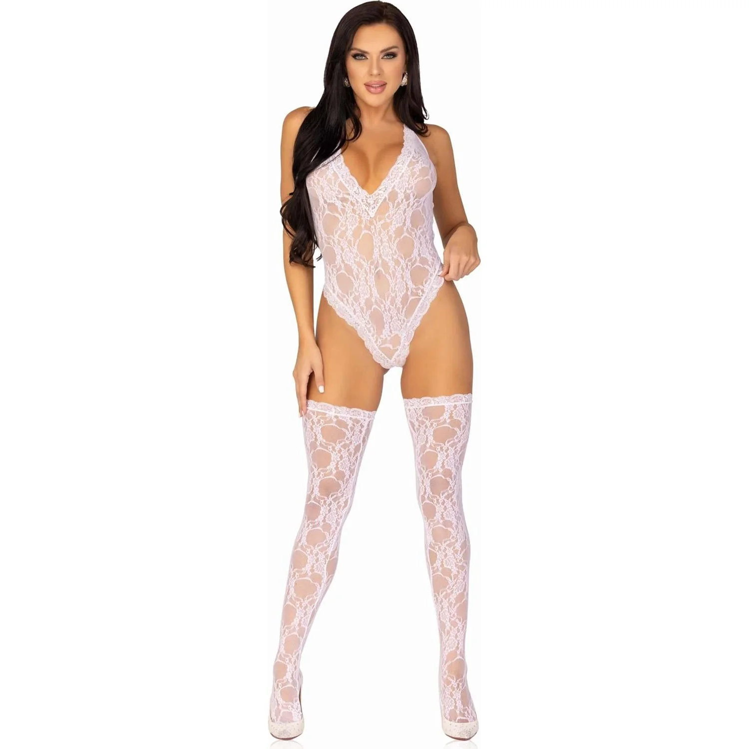Leg Avenue - Womens 2 Piece Floral Lace Deep-V Teddy and Matching Stockings - Image 2