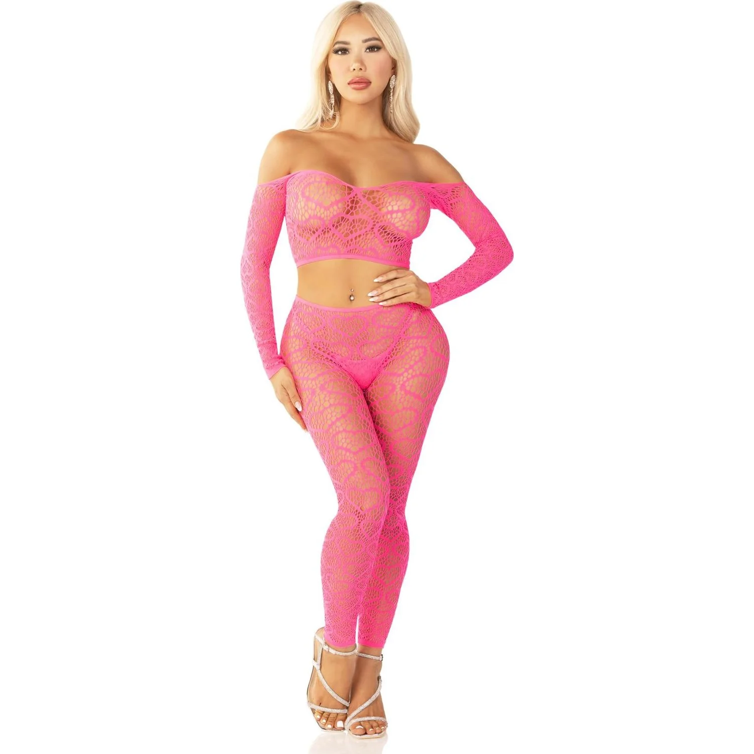 Leg Avenue - Womens 2 Piece Heart Net Off-the-Shoulder Crop Top and Footless Tights - Image 2