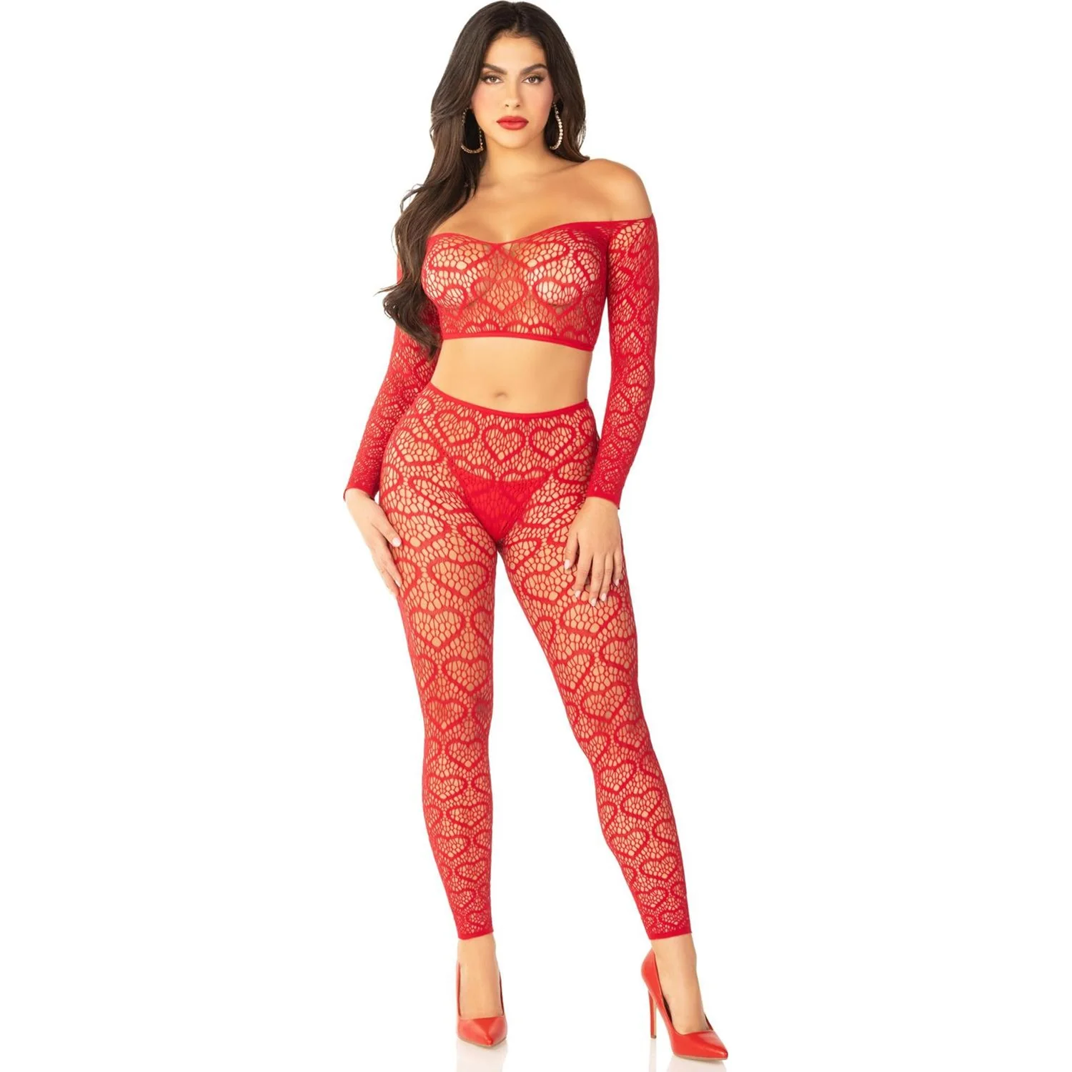 Leg Avenue - Womens 2 Piece Heart Net Off-the-Shoulder Crop Top and Footless Tights - Image 3