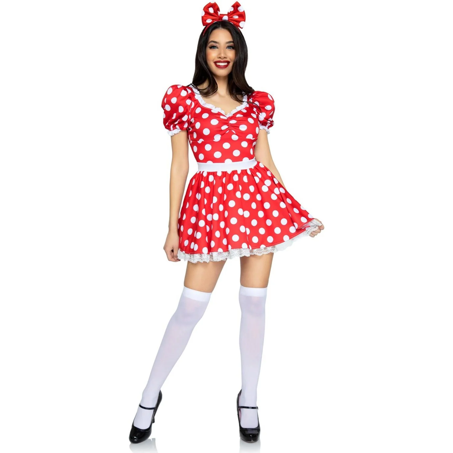 Leg Avenue - Womens 2 Piece Polka Dot Dress with Ruched Sweetheart Bodice and Bow Headband