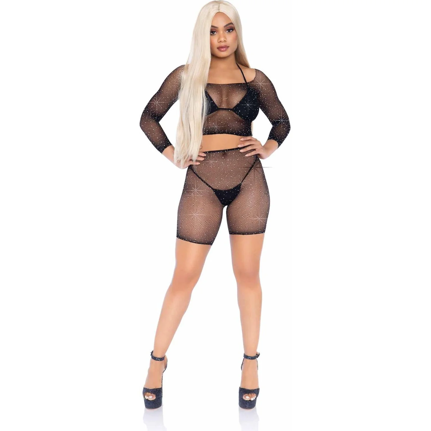Leg Avenue - Womens 2 Piece Rhinestone Fishnet Long Sleeved Crop Top and Biker Shorts - Image 2