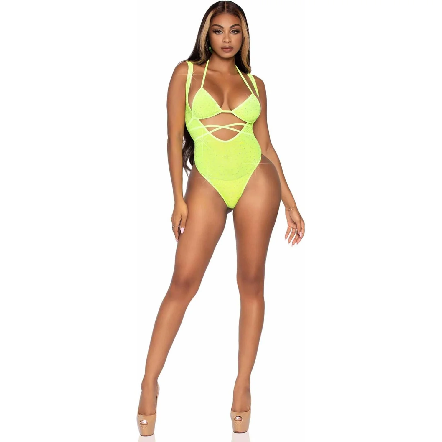 Leg Avenue - Womens 2 Piece Rhinestone Mesh Wrap Around Bikini Top and Suspender Bodysuit - Image 2