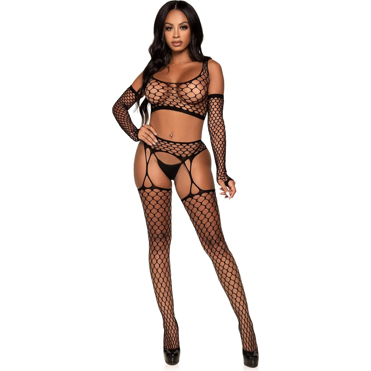 Leg Avenue - Womens 3 Piece Net Crop Top, Garter Stockings, and Fingerless Gloves