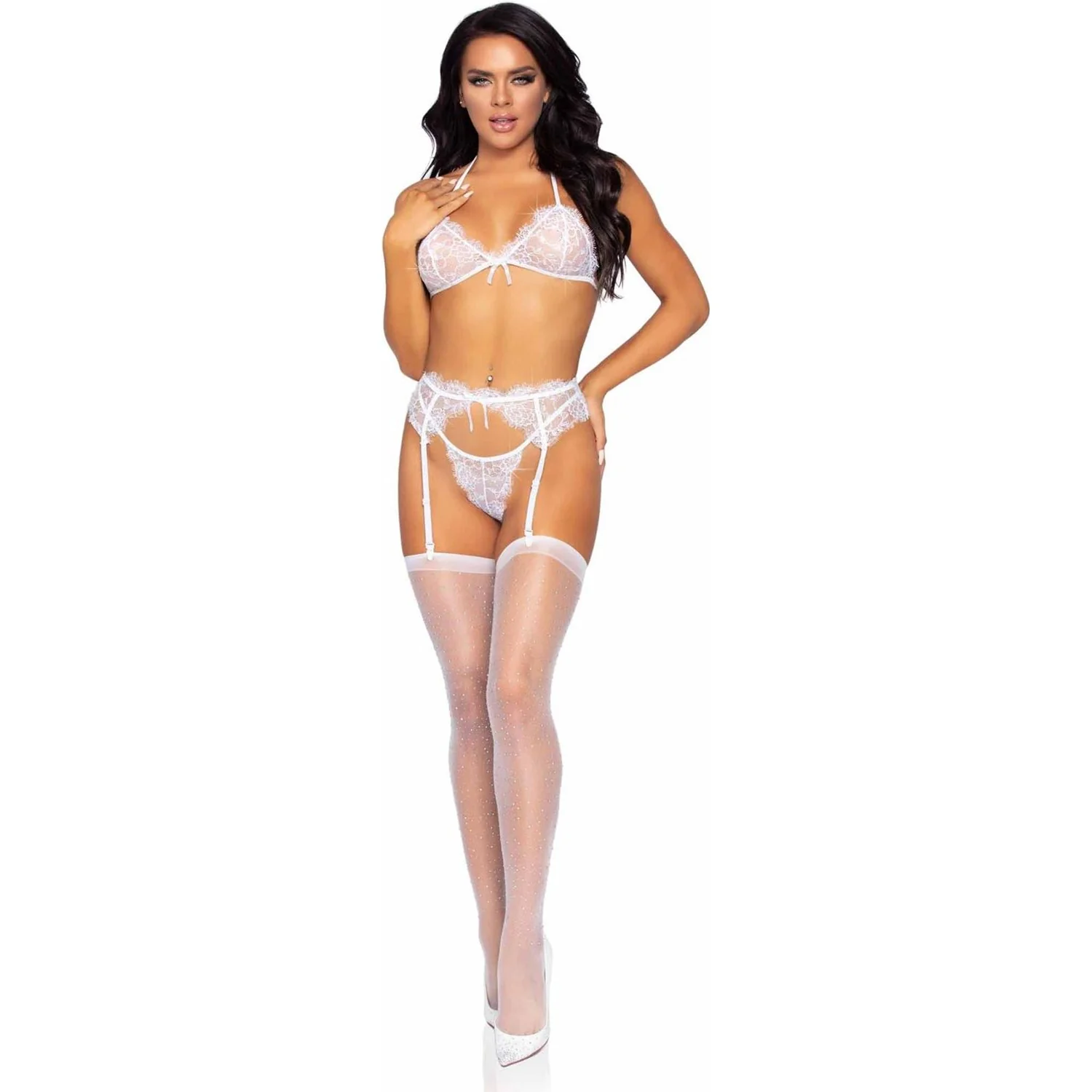 Leg Avenue - Womens 3 Piece Rhinestone Eyelash Lace Bra Top, Garter Belt, and G-String Panty
