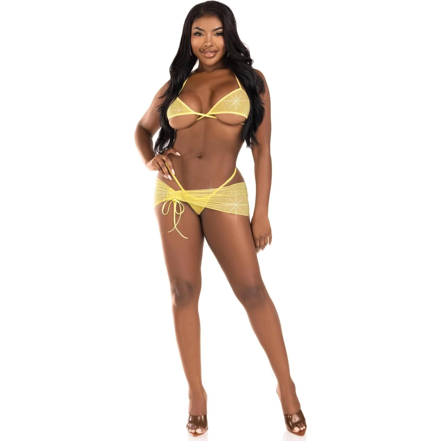 Leg Avenue - Womens 3 Piece Rhinestone Mesh Wrap Around Bra Top, G-String Panty, and Ruched Tie Sarong - Image 2
