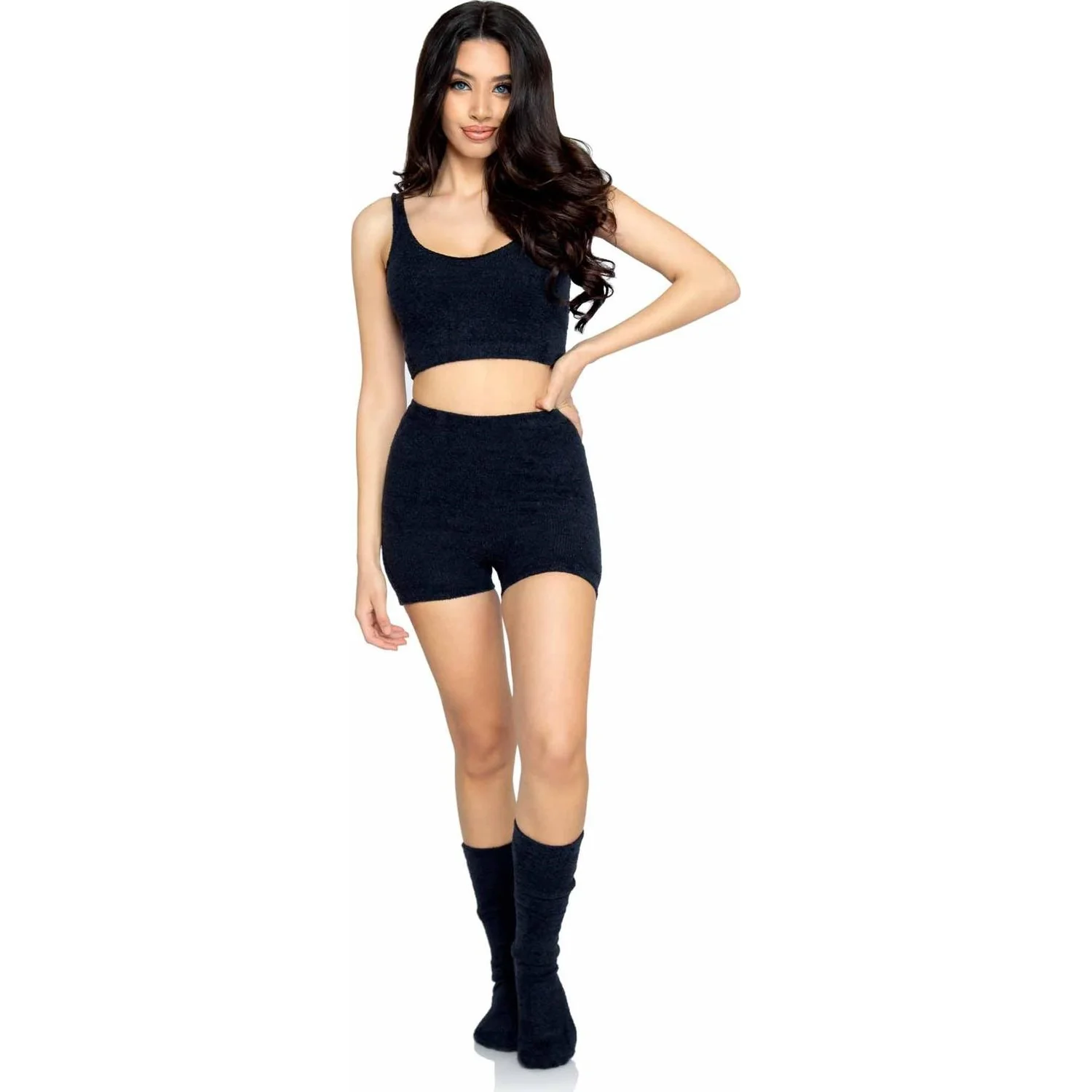 Leg Avenue - Womens 3 Piece Ultra-Soft Cozy Knit Cropped Tank, Boyshorts, and Knee Socks