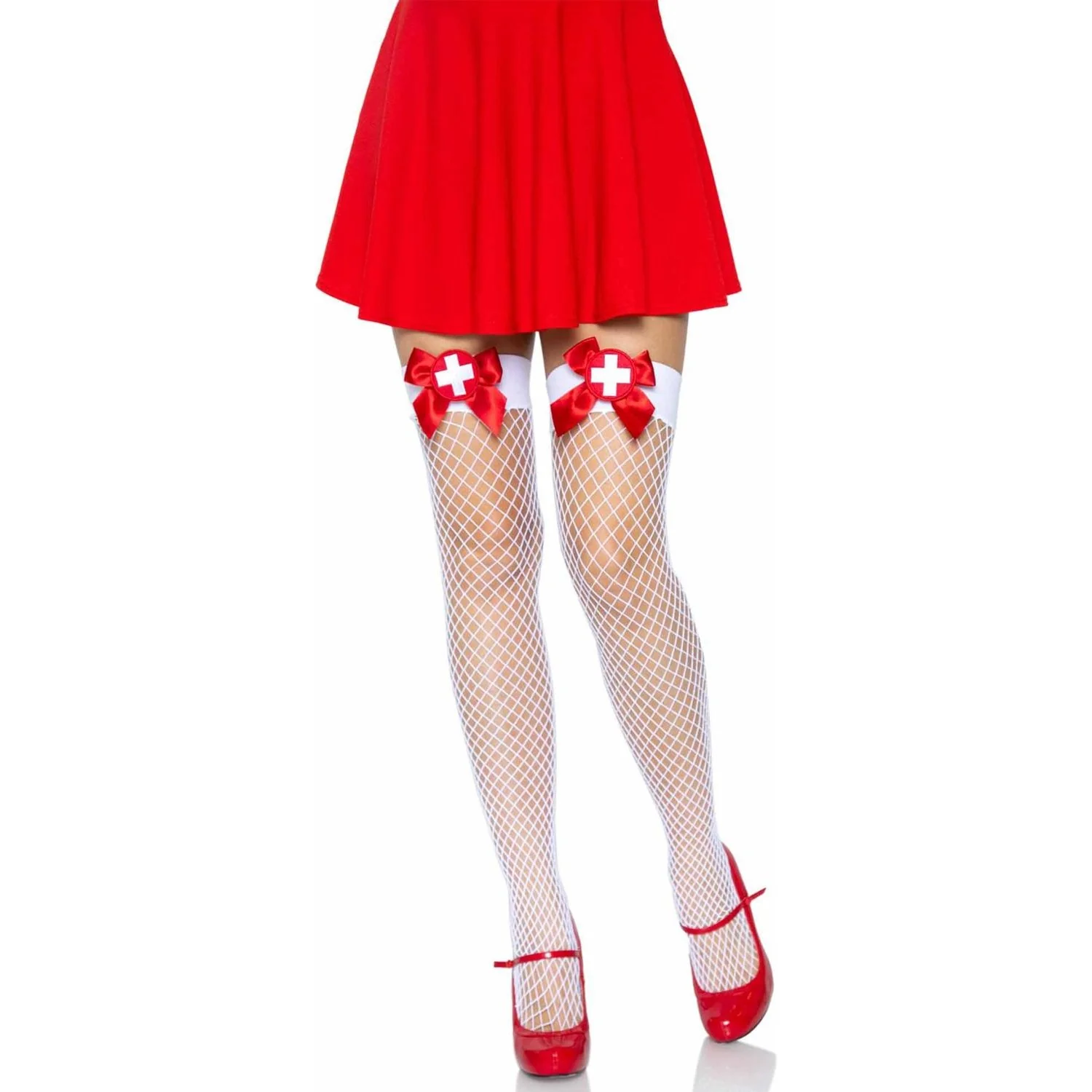 Leg Avenue - Womens Bow Top Industrial Net Thigh Highs with Nurse Badge Accent - Image 2