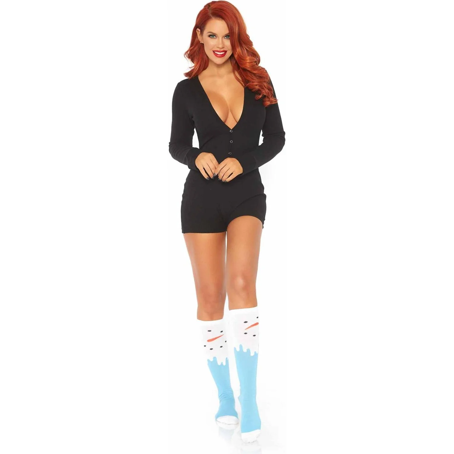 Leg Avenue - Womens Brushed Rib Romper Long Johns with Cheeky Snap Closure Back Flap