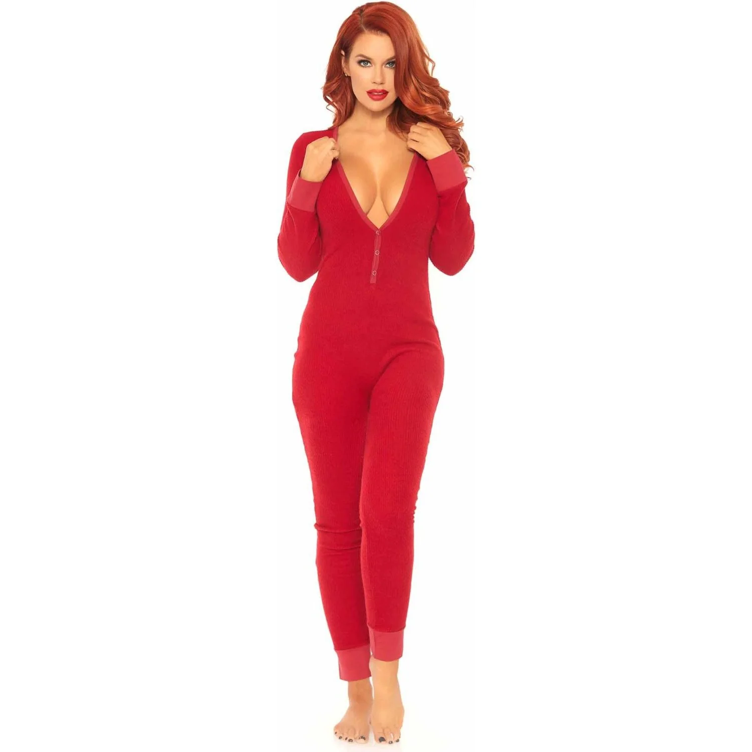 Leg Avenue - Womens Cozy Brushed Rib Long Johns with Cheeky Snap Closure Back Flap - Image 2