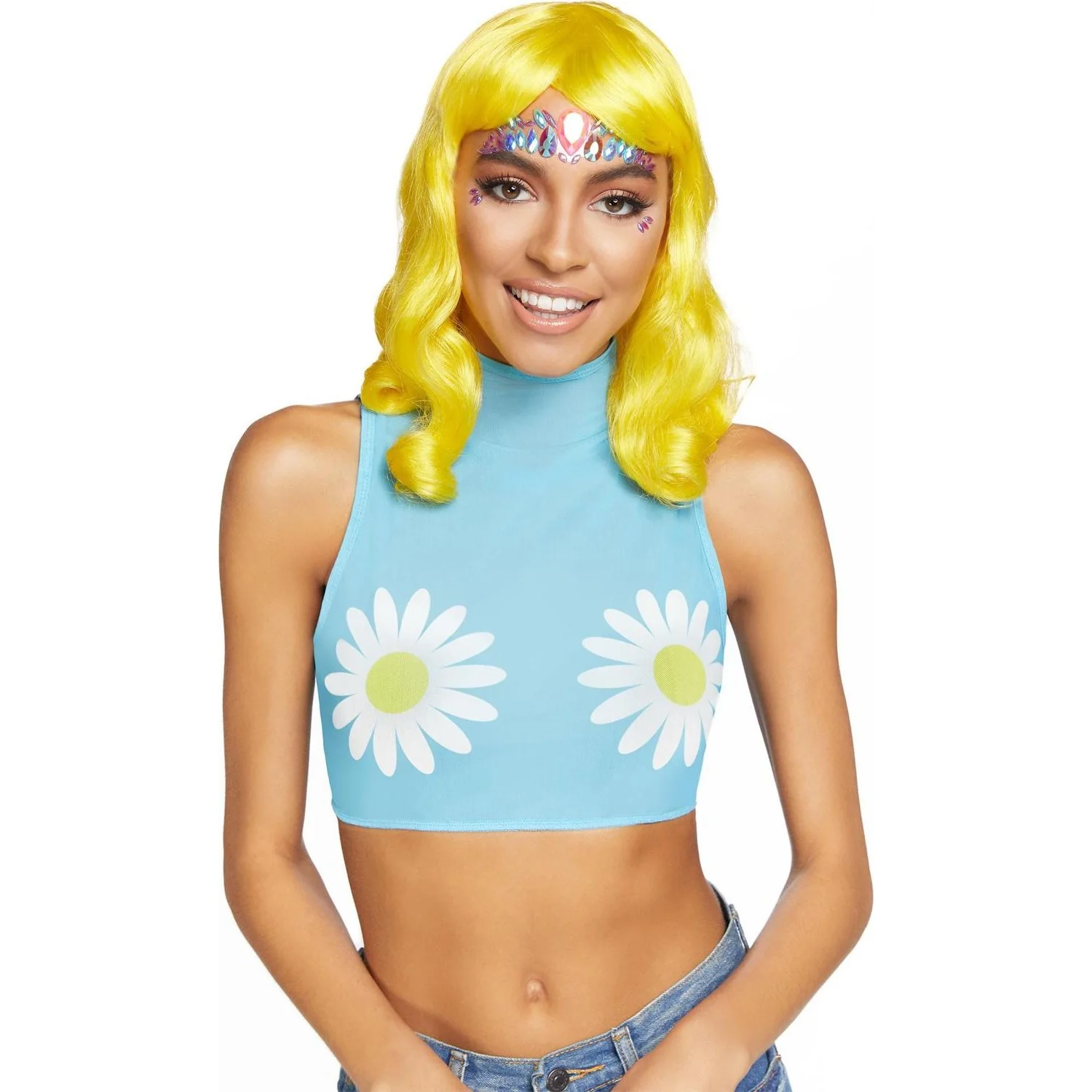 Leg Avenue - Womens Daisy High Neck Mesh Crop Top with Zipper Back