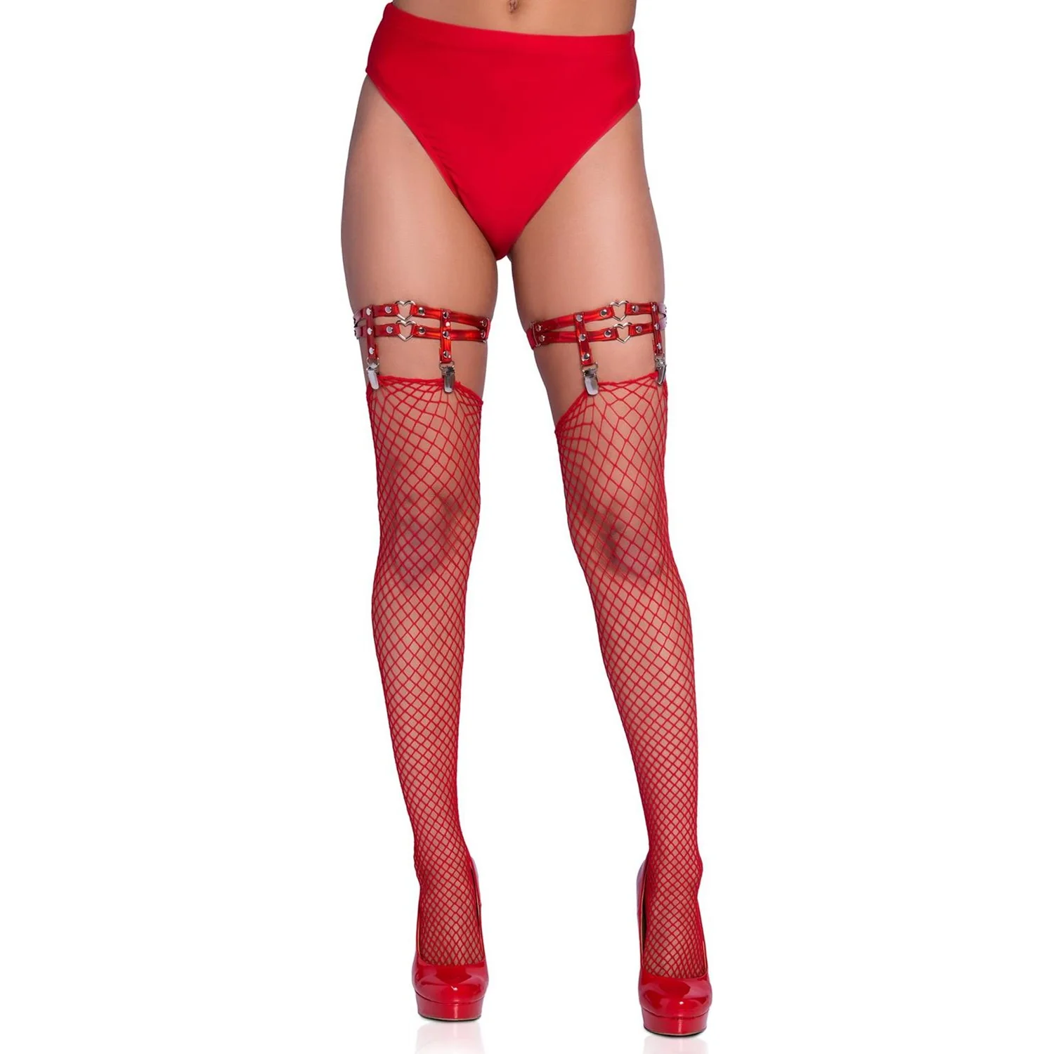 Leg Avenue - Womens Dual Strap Iridescent Studded Thigh High Garter Suspender with Mini Hearts