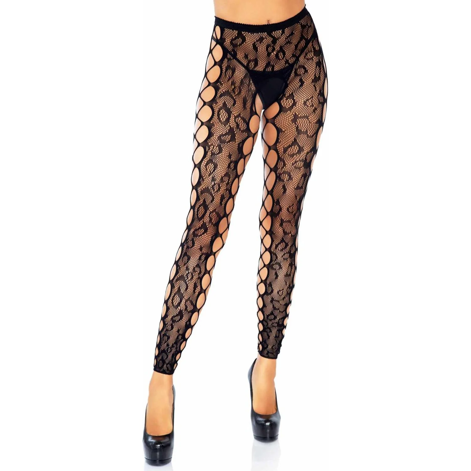 Leg Avenue - Womens Leopard Lace Footless Crotchless Tights with Net Side Panel - Image 2