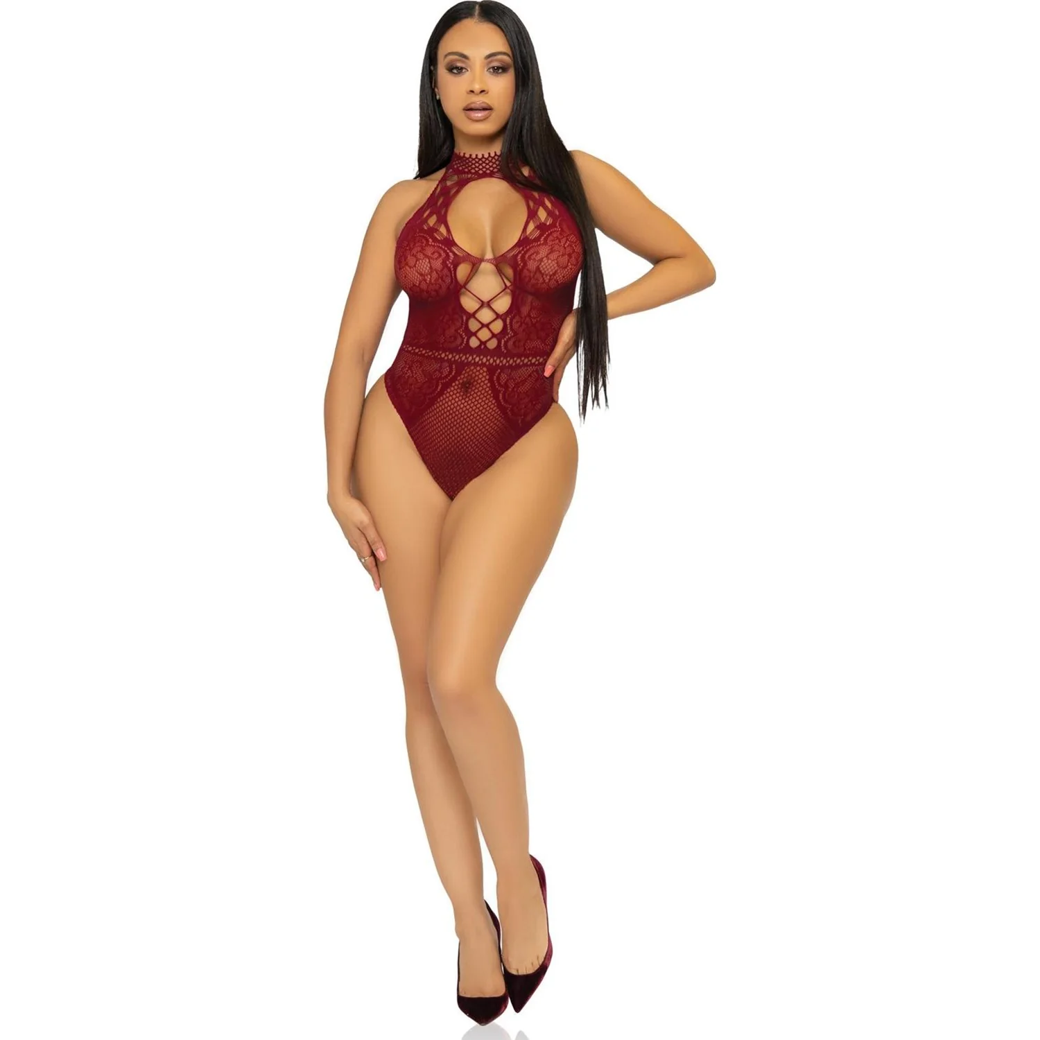 Leg Avenue - Womens Net and Lace Keyhole Halter Bodysuit - Image 2