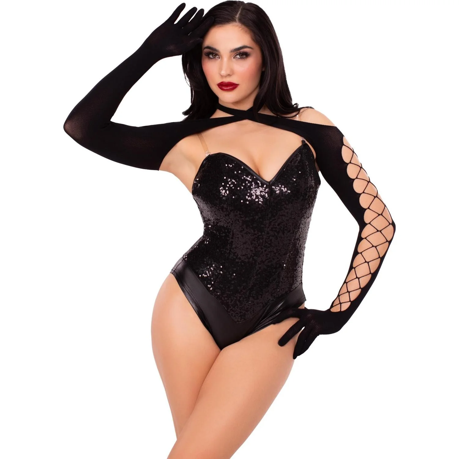 Leg Avenue - Womens Net and Opaque Cross-Over Halter Gloved Shrug
