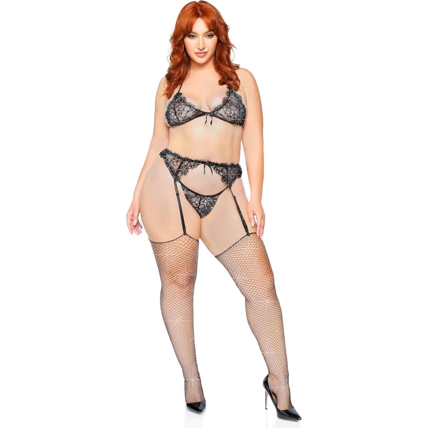 Leg Avenue - Womens Plus Size 3 Piece Rhinestone Eyelash Lace Bra Top, Garter Belt, and G-String Panty - Image 2