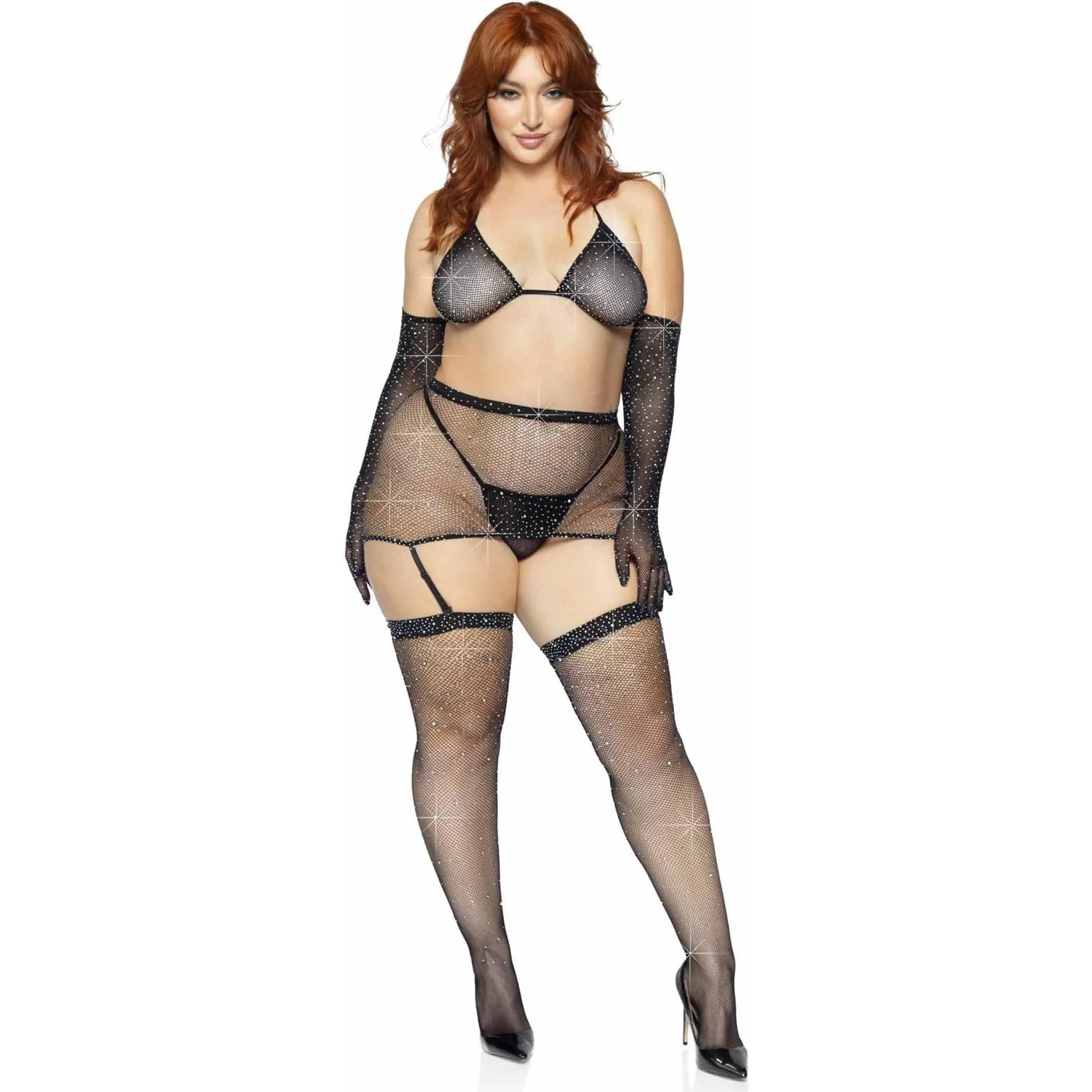 Leg Avenue - Womens Plus Size 5 Piece Rhinestone Fishnet Bikini Top, Garter Skirt, G-String Panty, Gloves, and Stockings