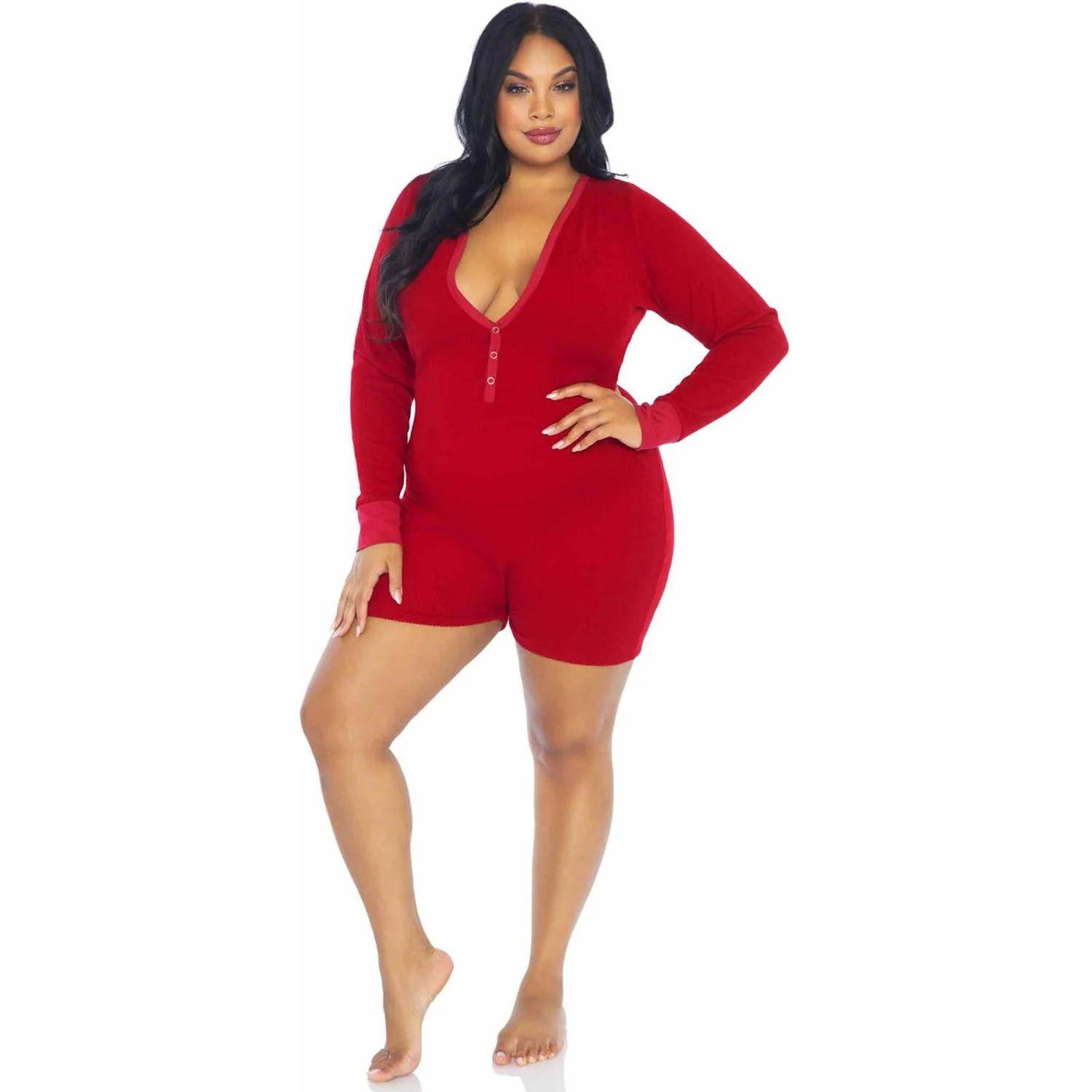 Leg Avenue - Womens Plus Size Brushed Rib Romper Long Johns with Cheeky Snap Closure Back Flap - Image 2